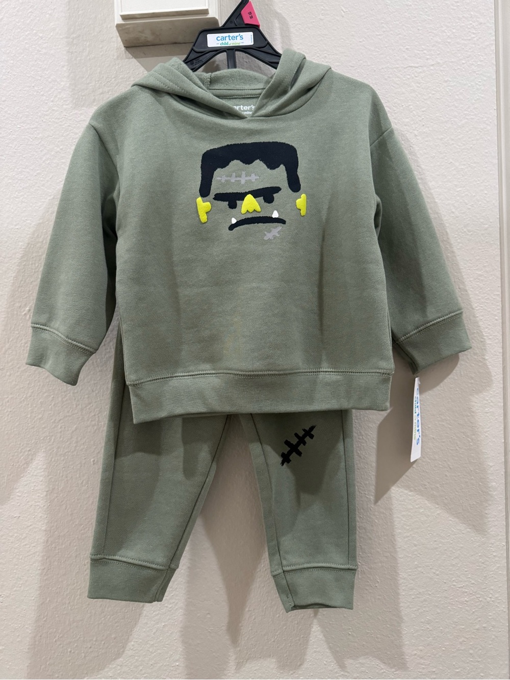 NWT Carter's Olive Green Halloween Hoodie & Jogger Set Frankenstein Face 18mos